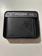 American Bison Men's Black Leather Hand Tooled Bifold Wallet with Tin