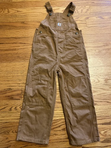 Carhartt Boys Bib Overall 4T Brown Carpenter Canvas Logo Double Knee Loose Fit - Picture 1 of 11