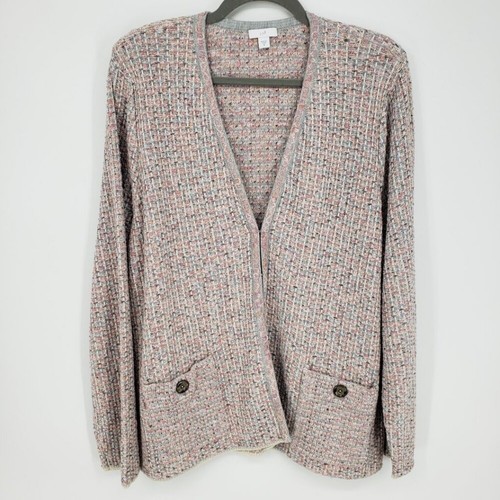 J. Jill Tweed Blazer Strickjacke Pullover XL Damen Baumwollmischung V-Ausschnitt rosa grau