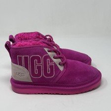 UGG Australia Neumel Graphic Boots Kids Girls Size 3 Pink Suede Fur Lined Ankle