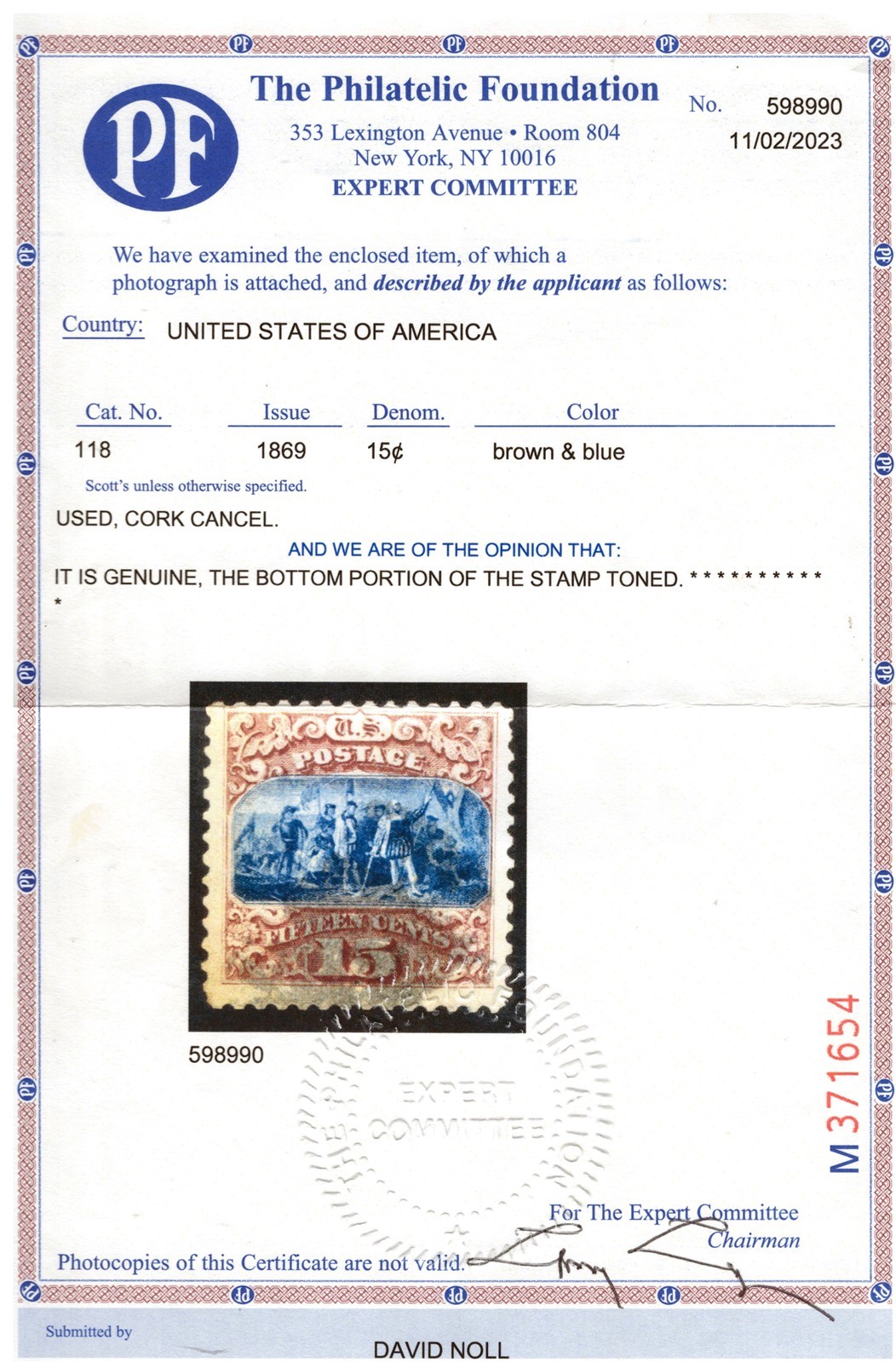 US 118 Used FVF 1869 15c brown & blue G Grill, toned at bottom, PF Cert ZAYIX