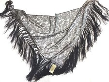 BLACK LUREX SILVER TRIANGLE SILK FRINGE LACE SHAWL