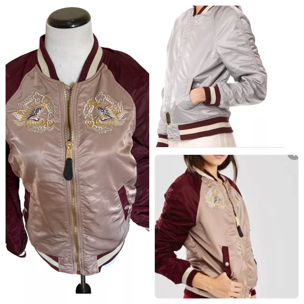 ALPHA INDUSTRIES MA-1 JAPAN SOUVENIR EAGLE BOMBER JACKET MAUVE MAROON PINK Sz M