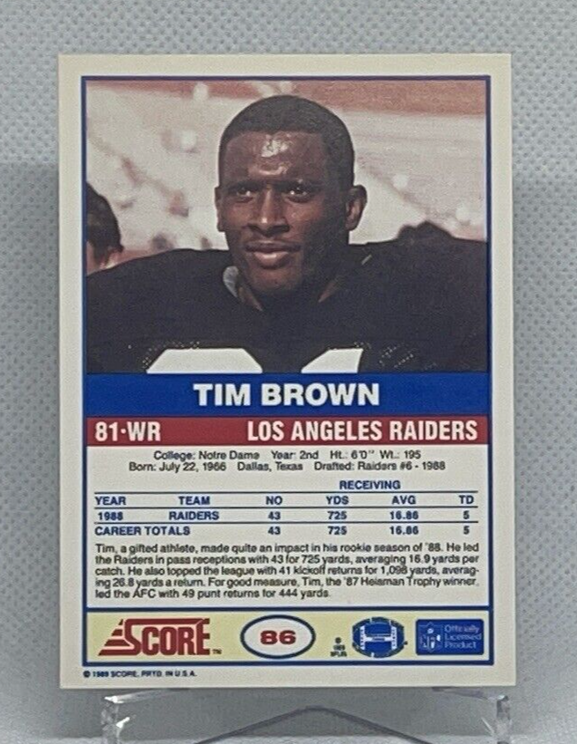 1989 Score #86 Tim Brown RC - Rookie Card, Oakland Raiders | eBay