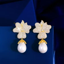 Luxury Gold Plated Cubic Zirconia CZ Big Flower Long Pearl Dangle Drop Earrings