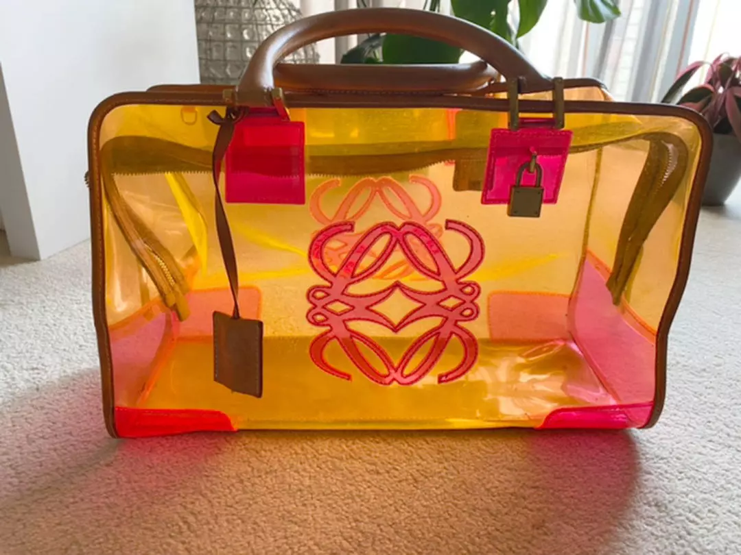 LOEWE a PVC Coral Pink Yellow Clear Vinyl Hand Bag W/Pouch