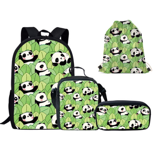 4pcs Cute Panda Print 17inch Backpack Lunch Bag Pencil Bag Drawstring Bag - Picture 1 of 28