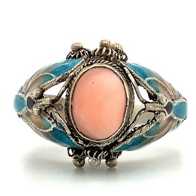 Vintage Sterling Signed 925 BJ Butterfly Enamel Coral Stone Dome Ring Band  sz