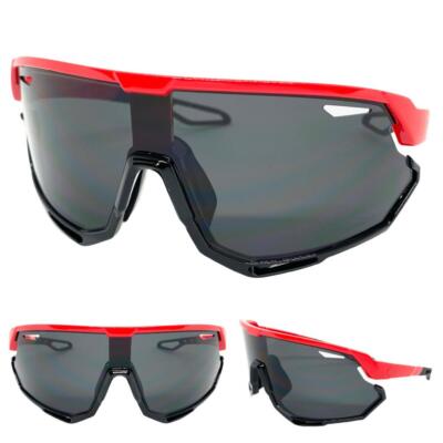 Oversize RETRO SPORTY WRAP AROUND Shield Cycling SUN GLASSES Large Big Red Frame