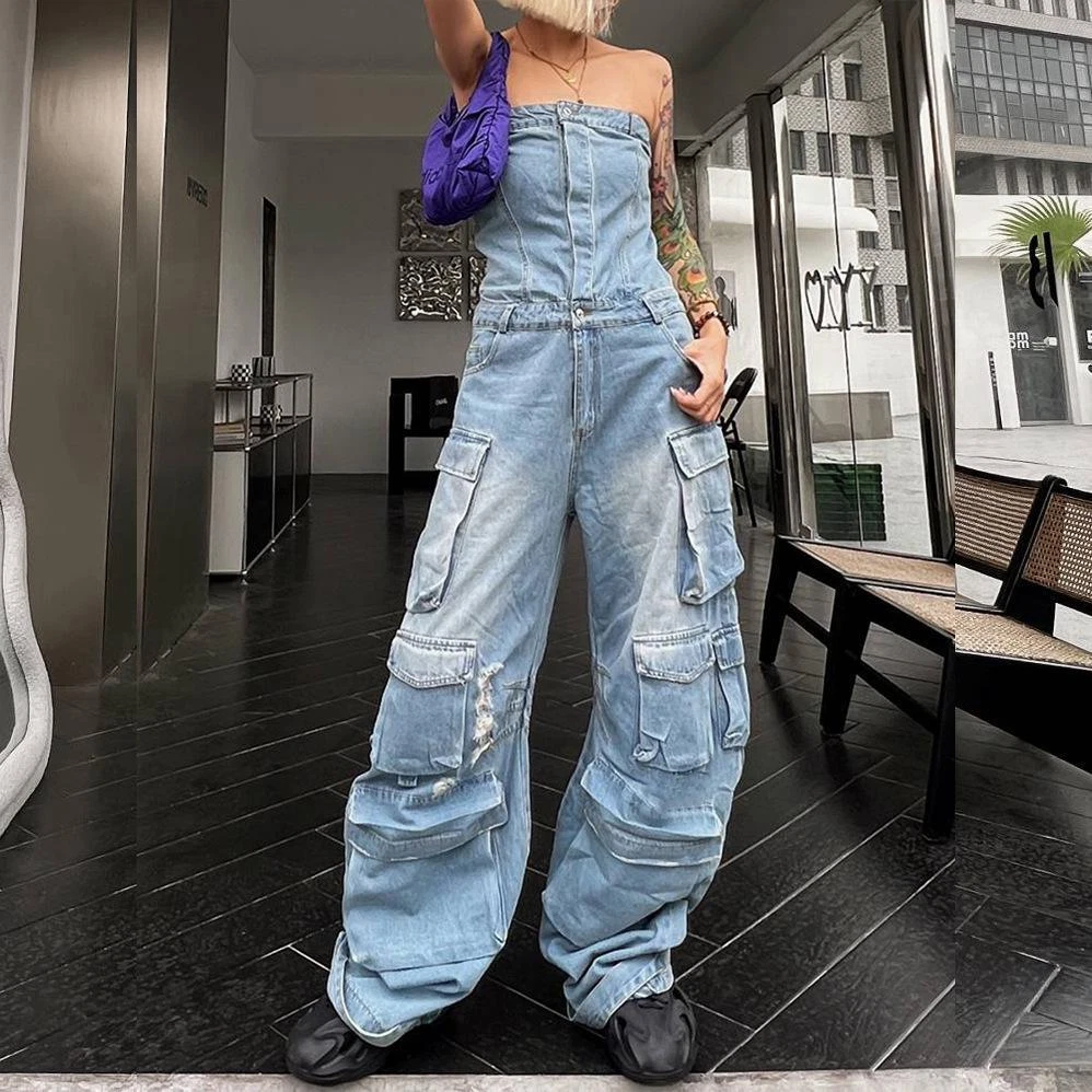 Women High Waist Denim Jumpsuit Multi Pocket Cargo Casual Overalls Fashion  2023