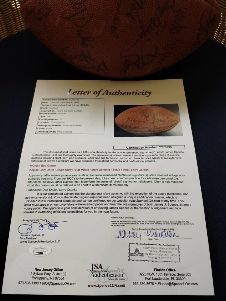 1978-79 Team Signed Wilson Football Miami Dolphins NFL Bob Griese Gary Davis JSA - Image 4 of 4