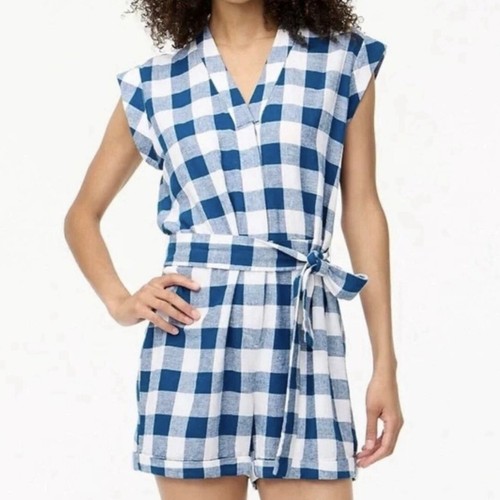 New J Crew Factory Linen Blend Tie Waist Romper Blue White Gingham Check Size 16 - Picture 2 of 10