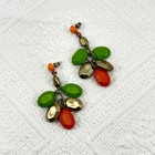 Pierced Earrings Gold Tone Orange and Green Oval Faceted Drops Dangler Studs Vtg