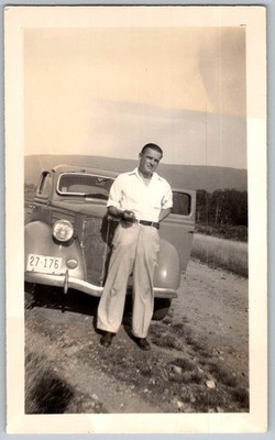 Vtg Color Snapshot Handsome Man Posing With Classic Car On Dirt Road 1960s