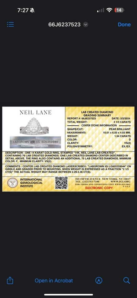 Помолвочное кольцо Neil Lane Artistry 2 1/3 карата белое золото 14 карат - Изображение 3 из 3