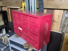Vintage red metal small parts drawers cabinet - w43.5 d17 h29cm