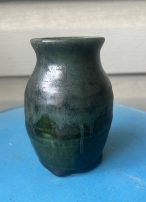 Vintage Green Drip Glaze Abstract Primitive Art Pottery Small Vase 4.5  Signed C