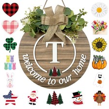 Interchangeable Seasonal Welcome Sign, Monogram T, Wooden Front Door Decor