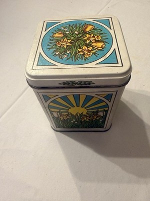 Vintage Spring Daffodil Sunburst Square Tin Yellow Green Blue Ivory