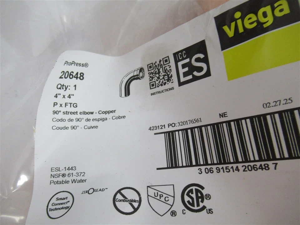 Viega 20648, 4" Prensa x 4" FTG 90° Codo de Calle Cobre Foto 2 de 3