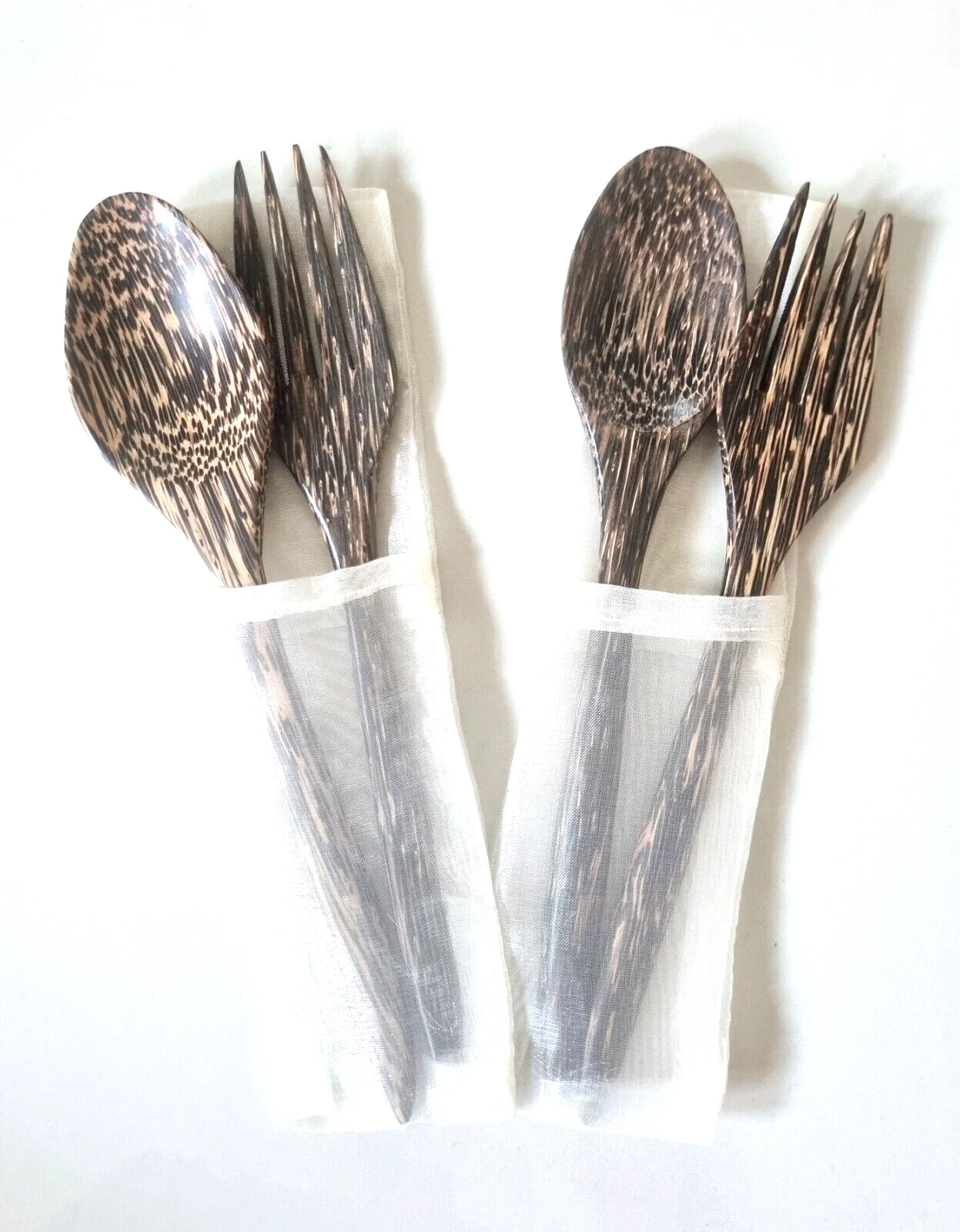 2 Pair Wood Spoon Fork Cutlery Cooking Serving Natural Eco Bag Case Food Camping