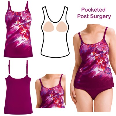 Amoena Post Surgery Pocketed Tankini La Paz Tankini Swim Top Berry Pink  UK