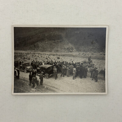 Vintage Photograph Crowd of People with Early Antique Cars Automobiles