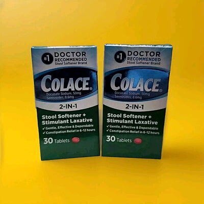 2 Colace 2-IN-1 Stool Softener+Stimulant Laxative 30 Tabs Each EXP 04/2026