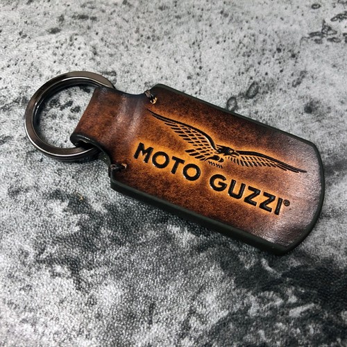 Handmade leather keychain with Moto Guzzi Logo in Brown. 1EA - Picture 4 of 5