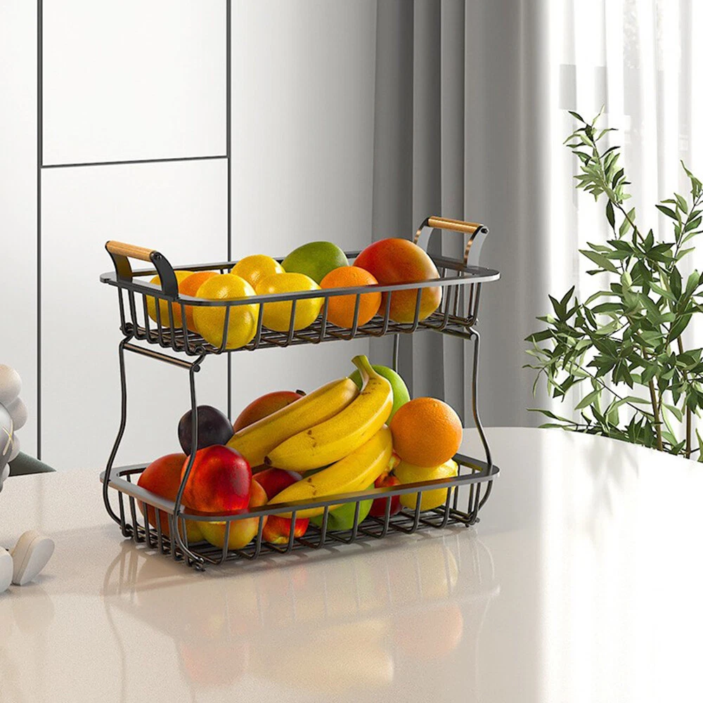 2 Tier Fruit Storage Basket Kitchen Countertop Organizer with Wooden Handle N2Y5 - Picture 4 of 12