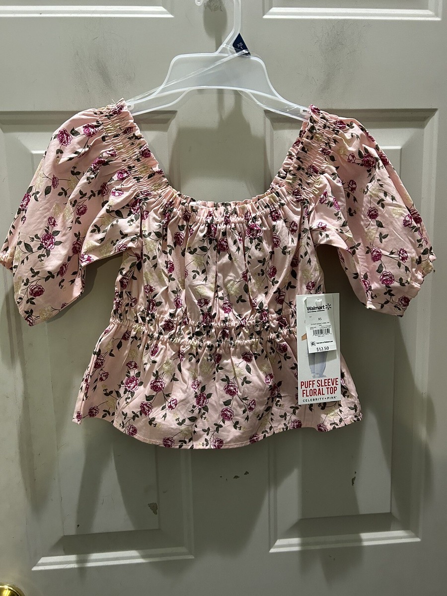 New!Celebrity Pink Puff Sleeve Floral Woven Short Sleeve  Top