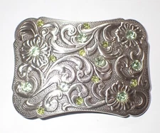 WESTERN STYLE FLORAL SCROLL BELT BUCKLE WITH GREEN AND YELLOW CRYSTALS NICE!