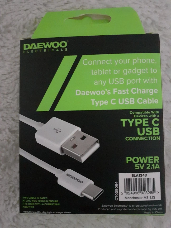Daewoo 1m Fast Charge Type C USB Data & Sync Cable Power 5V 2.1A - Image 2 of 3