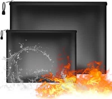 2Pcs 2000℉ Fireproof Money Bag Waterproof Document Cash Safe Storage Pouch M + L