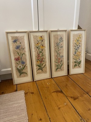 4 blumenbilder Auf Papyrus Handgemalt Gerahmt Edel 17,5x46cm