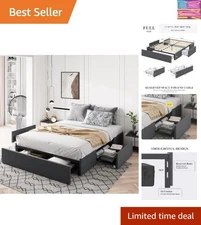 Noise-Free Full Size Platform Bed Frame with Wooden Slats - Modern Grey Design