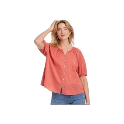 Universal Thread Short Puff Sleeves Button Front Blouse Top Rust Size L