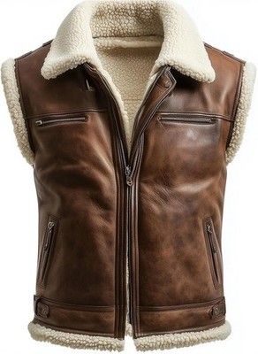 Men s Brown Sheepskin Shearling Leather Waistcoat Warm Winter Aviator Pilot Vest
