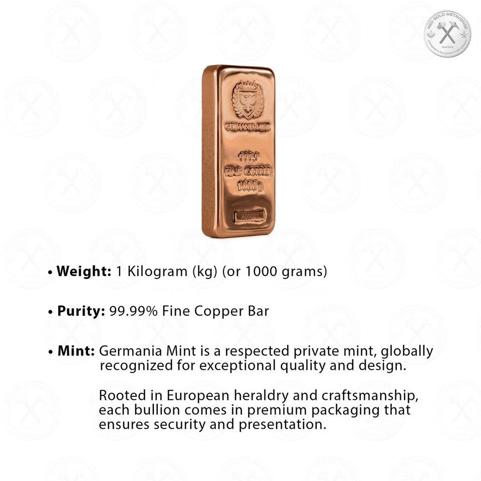 1 kg Copper Germania Bullion Bar - 1000 g pure [Cu] .9999, w/box
