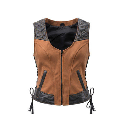 Women's Brown & Black Leather Vest Genuine Cowhide Motorcycle Biker Waistcoat