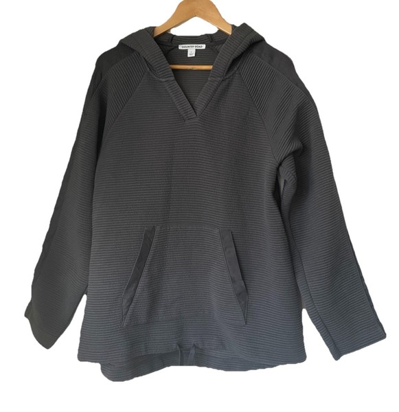 Country Road L Grey Hoodie, Kangaroo Pocket Long Sleeve VNeck Thick PolyBlend