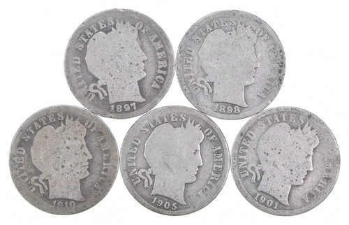 Better Lot 5 1897 1898 1910-D 1905-O 1901-O Barber Dime 0.50 Face *155