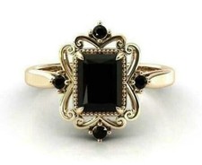 3Ct Emerald Cut Lab Created Black Diamond Engagement Ring 14K Yellow Gold Plated