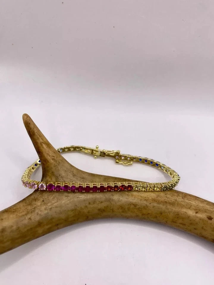 9Ct Round Lab Created Rainbow Sapphire Luxury Tennis Bracelet 10K Yellow Gold - Image 3 of 4