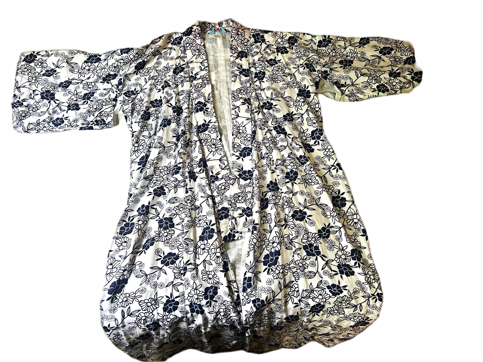 Women's Cotton Kimono Robe White/Blue Floral Hello Kitty Tie Ruffle OS