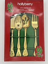 Holly Berry Hostess Set 4 Piece Gold over Stainless Vintage Japan NEW 
