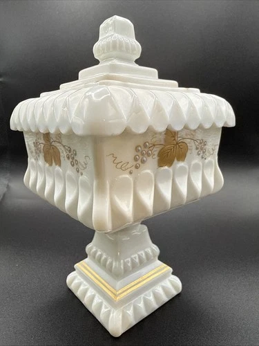 Vintage Westmoreland White Milk Glass wedding box with grape vine design