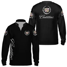 Custom Name - Men's  Cadillac Racing Black Logo Zip Long Sleeve Shirt All Size