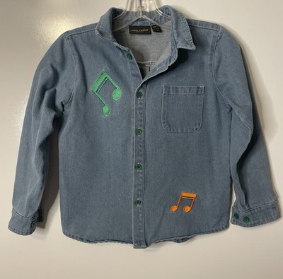 Mini Rodini Denim Button Up Shirt Music Note Embroidery Size 10-11Y