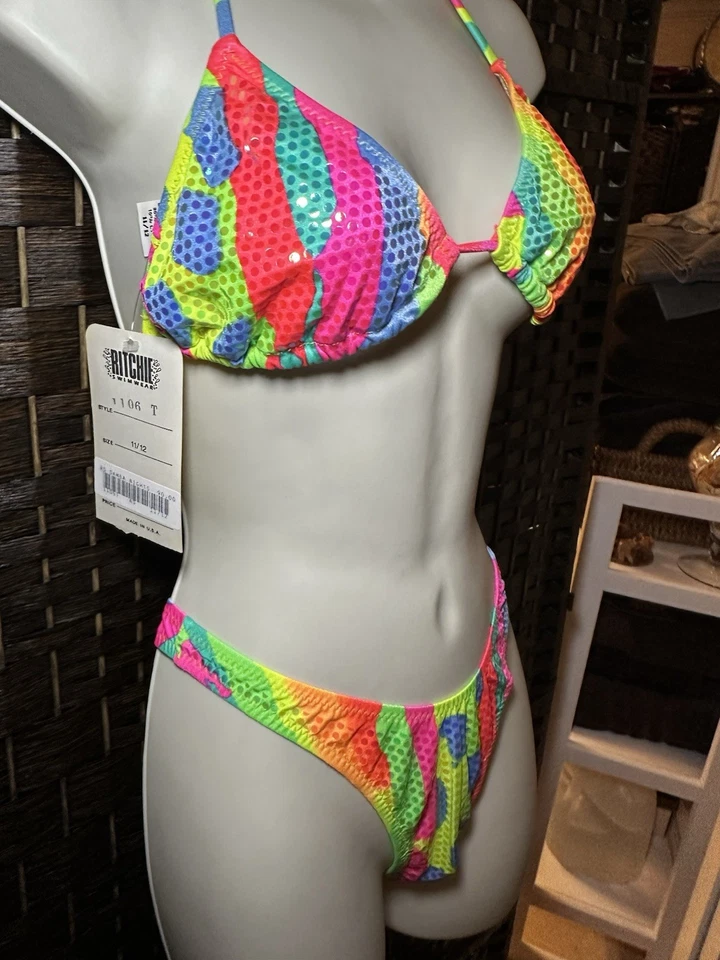 Conjunto de traje de baño vintage años 90 Ritchie bikini nuevo con etiquetas lentejuelas neón corte alto talla 11/12 EE. UU. Foto 4 de 4